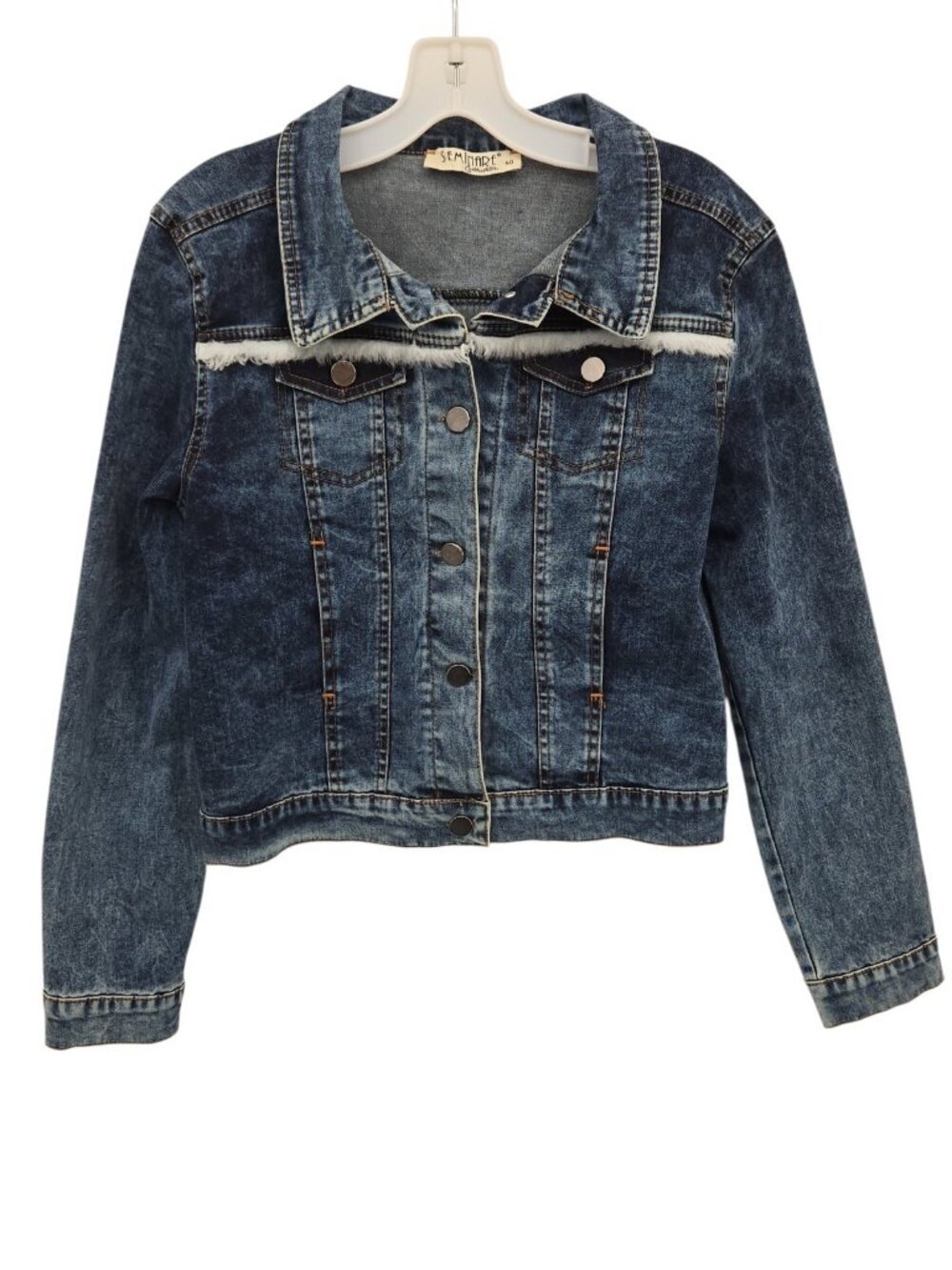 Womens M Jean Jacket Plush Trim Fringe Y2K Glam Denim Trucker Jacket